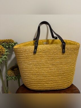 Neiman Marcus Yellow Straw Tote with Dark Brown Faux Leather Handles